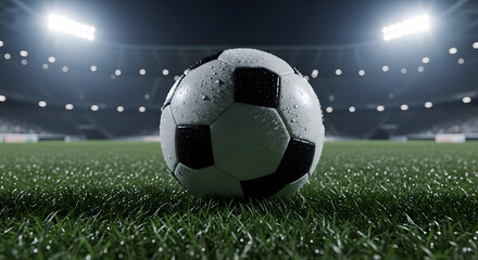 Fototapeta premium Soccer ball on grass in stadium at night