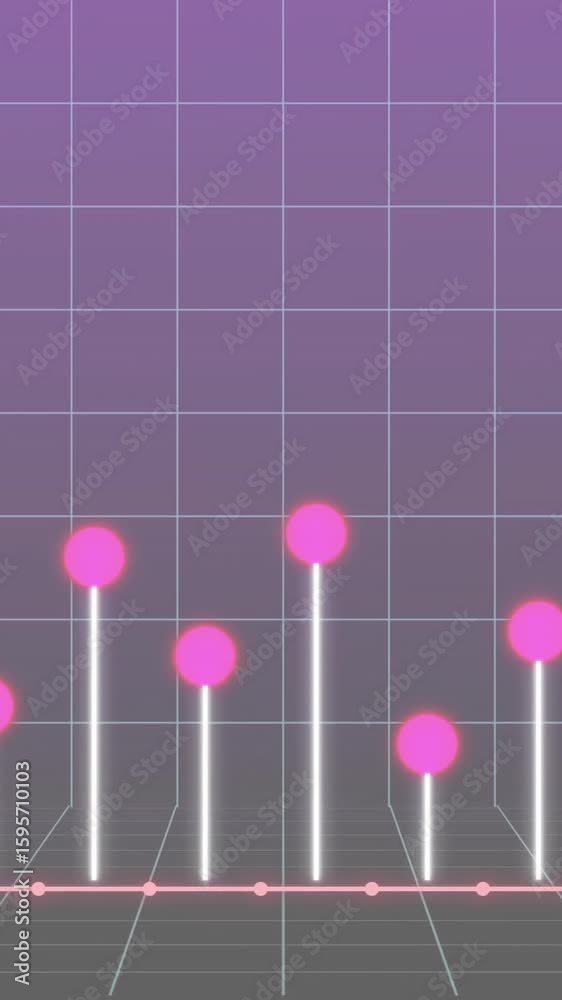 Poster bar chart with pink dots and lines, data analysis animation over grid background