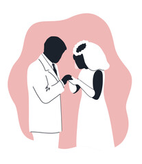 Wedding Ceremony. Groom and Bride at Wedding Day. Sillhouettes. Exchanging Wedding Rings. Happy Wedding Day Concept. Greeting Card, Invitation Template. Bride and Groom in White on Pink. Vector