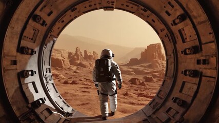 Martian landscape viewed through a tunnel entrance. An astronaut stands in a spaceship tunnel looking out at a red planet - Powered by Adobe
