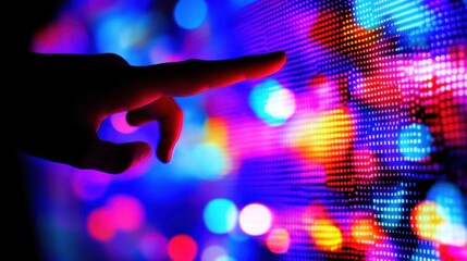 Hand Touches a Glowing Led Screen with Colorful Light Effects and Modern Tech