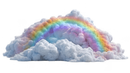 Rainbow arches over fluffy white cloudscape background image