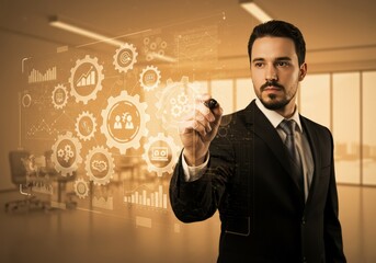 A businessman using a futuristic interface to visualize business strategies and data analytics in an office setting.