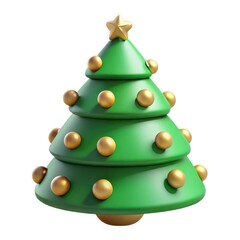Stylized green christmas tree with golden ornaments and star isolated on white background