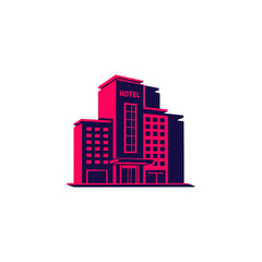 Illustration of a modern hotel building with a prominent "HOTEL" sign, rendered in pink and dark blue against a white background.