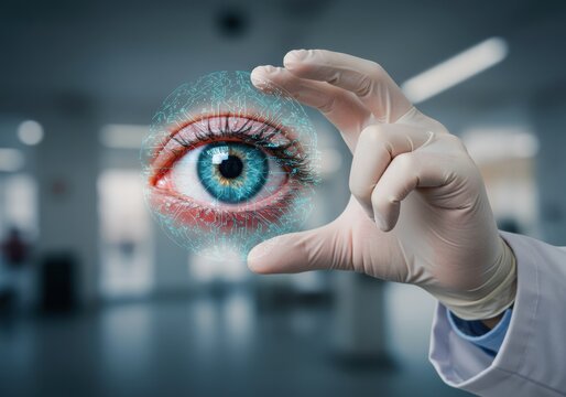 Futuristic vision of the human eye with digital circuit overlay, held by a medical professional.