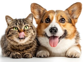 Obraz premium A tabby cat licks its nose while a corgi dog happily pants on a clean white background in the studio light.