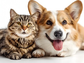 A friendly corgi dog with its tongue out happily snuggles up beside a tabby cat on a white background.