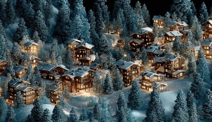 Snowy mountain village at night
