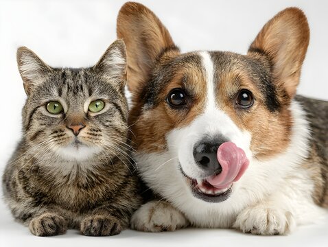 A cute tabby cat with green eyes sits calmly next to a corgi dog licking its nose on a white background.