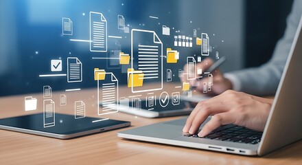 Document management with a digital filing system that helps to optimize processes, Streamlining workflows with an efficient digital filing system on a laptop