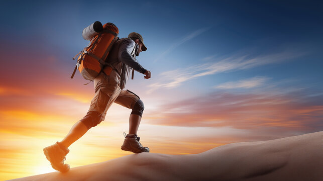 Hiker ascends sandy dunes against a vibrant sunset sky in remote desert landscape - Powered by Adobe