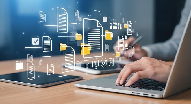 Document management with a digital filing system that helps to optimize processes, Streamlining workflows with an efficient digital filing system on a laptop