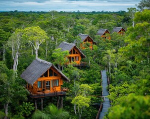 Jungle treehouses nestled in lush foliage. Elevated walkways connect structures
