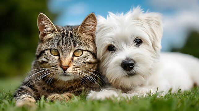 A beautiful tabby cat and a fluffy white dog are posing together affectionately in a grassy outdoor area.