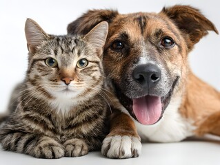 A brown tabby cat rests calmly beside a happy, panting brown mixed breed dog on a plain white background.