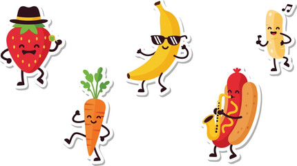 Funky fruit and vegetable characters dancing and playing music.