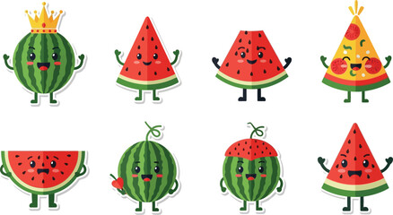 Fototapeta premium Cartoon watermelons with various expressions and accessories, smiling and happy.