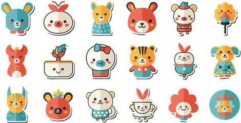 Collection of cute, flat design animal stickers, including a bear, tiger, rabbit, and other whimsical creatures.