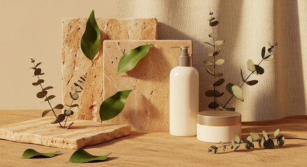 Cosmetic products displayed with natural elements like eucalyptus and green leaves on stone platforms, creating a serene and organic aesthetic.