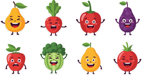 Cartoon fruit and vegetables with expressive faces, depicted in a playful style.