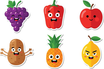 Cheerful cartoon fruits and vegetables stickers with expressive faces.