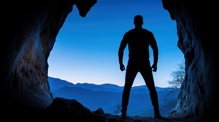 Fototapeta premium Silhouette of a person standing in a cave against a mountain landscape