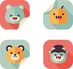 Four cheerful cartoon animal stickers with peeling corners, showcasing happy expressions.