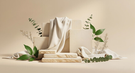 Elegant beige fabric drapes over minimalist stone blocks, adorned with eucalyptus branches and leaves.