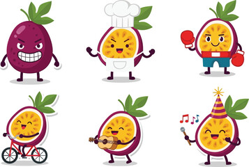 Cartoon passion fruit characters displaying various emotions and engaging in different activities.