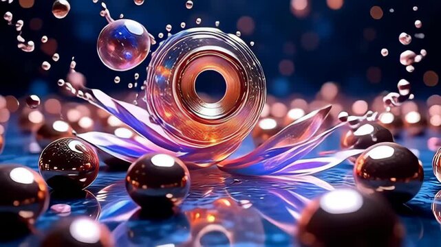 Picture a dynamic array of metallic spheres reflecting a spectrum of vivid colors while a molecule spiraling outward like cosmic lotus petal gracefully unravels amidst this cosmic dance,