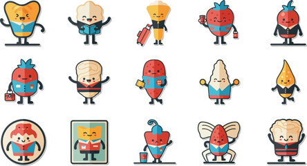 A collection of fifteen cartoon characters resembling fruits and vegetables, dressed in business attire.