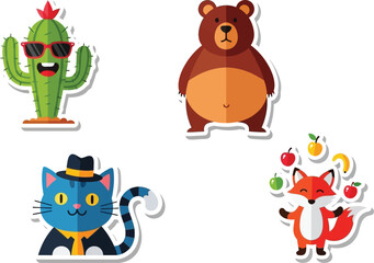 Cute cartoon animal stickers featuring a cactus, bear, cat, and fox.
