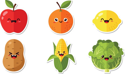 Cute cartoon fruits and vegetables with happy faces, ideal for children's resources.