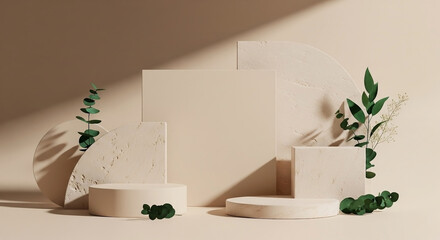 Elegant beige podiums with eucalyptus and dried flowers, bathed in sunlight.