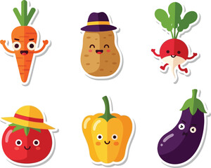 Cartoon vegetables with faces and arms: carrot, potato with hat, radish, tomato with hat, pepper, and eggplant.