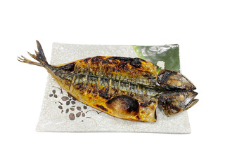 Grilled Mackerel Fish Served on a Traditional Ceramic Plate with Crispy Skin and Charred Marks Perfect for Korean Cuisine Meal