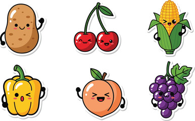 Cute cartoon stickers of a potato, cherries, corn, pepper, peach, and grapes, all with happy faces and waving arms.