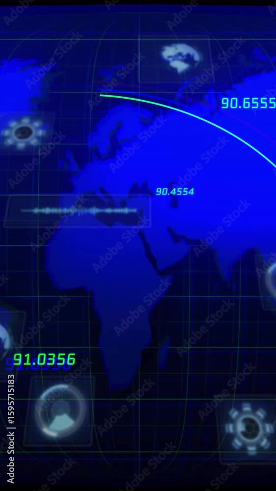  animation of world map with data points and trajectory lines on digital interface
