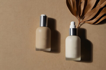 Two foundation bottles, one beige and one white, sit next to a dried leaf on a beige surface.