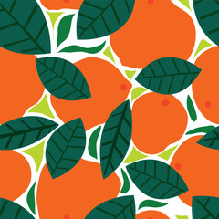 Seamless pattern of fresh oranges with green leaves on a clean white background. Vibrant citrus fruit design ideal for fabric, packaging, wallpaper, and kitchen-themed decor.