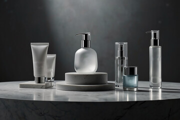 Assortment of frosted glass cosmetic bottles and tubes displayed on marble and concrete platforms.
