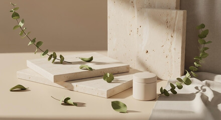 Elegant minimalist product display with natural elements; cream-colored jar, stacked stone-like platforms, and eucalyptus sprigs.