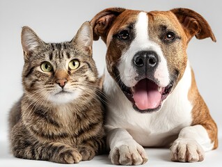 A happy dog and a tabby cat are posing together for a photo in a close up studio shot on white background.