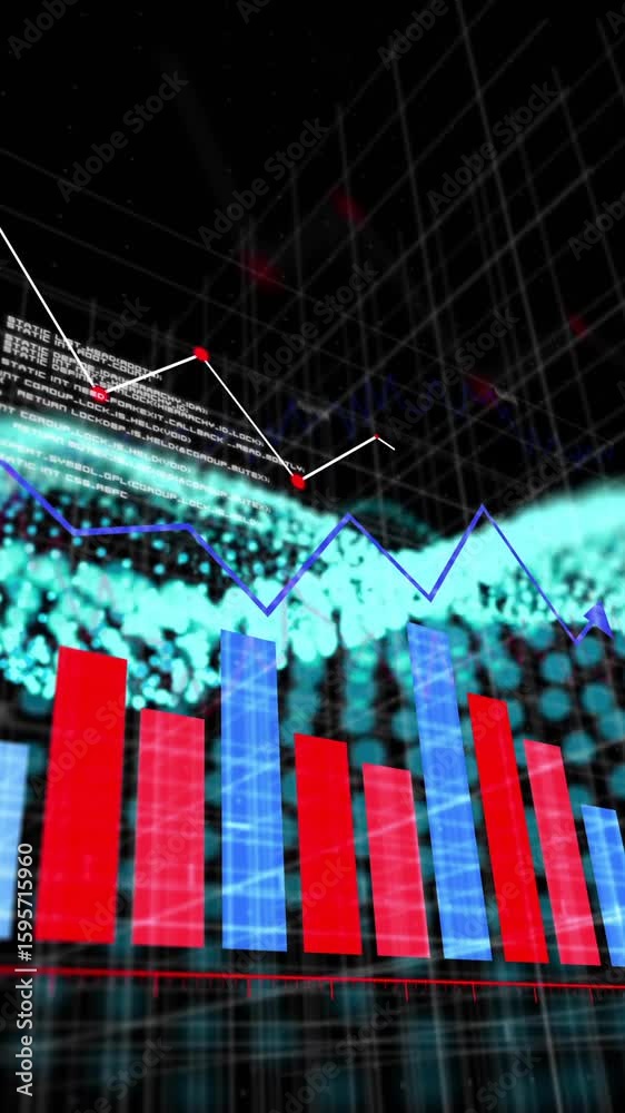 Poster animation of bar and line graphs with digital data points over abstract grid