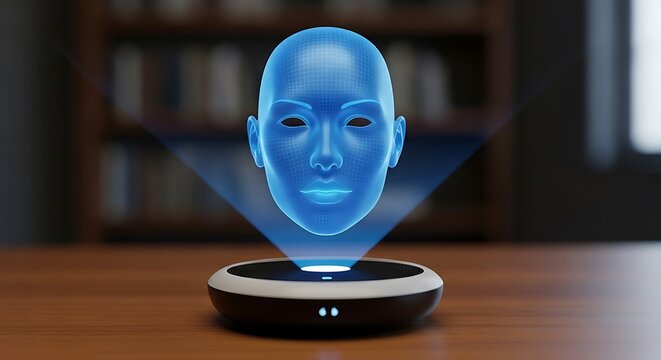 Blue digital human face hologram projection image