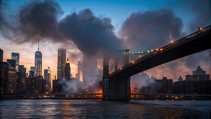 Fototapeta premium Dramatic new york city skyline and brooklyn bridge shrouded in smoke