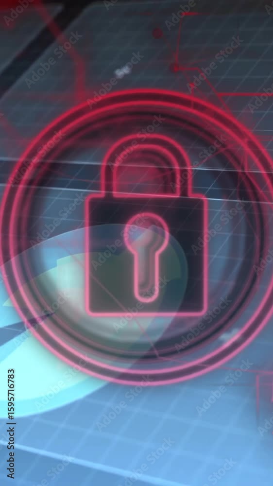 Poster animation of red padlock on digital grid with abstract shapes in background
