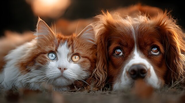 A fluffy ginger cat with heterochromia lies beside a brown and white dog in a warm autumnal scene outdoors.