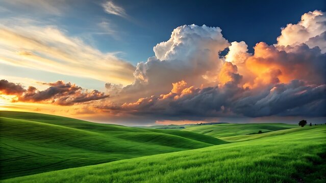 Golden hour sunset over rolling green hills and dramatic clouds
